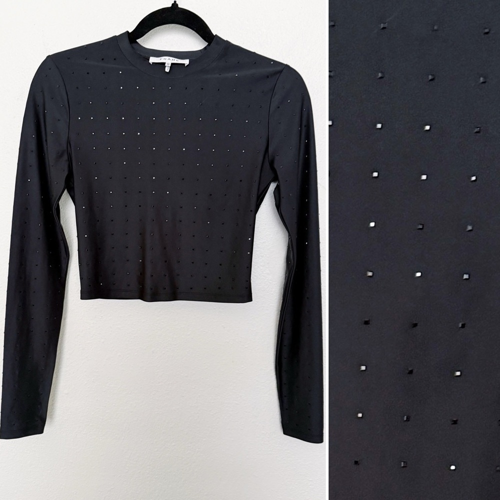 FRAME Rhinestone Cropped Long Sleeve Stretch Top XS Indie Sleaze